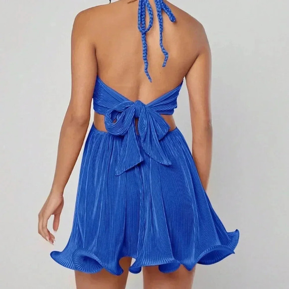 Blue Sexy Women's Plisse Cut Out Tie Backless Dress - Picture 2 of 8